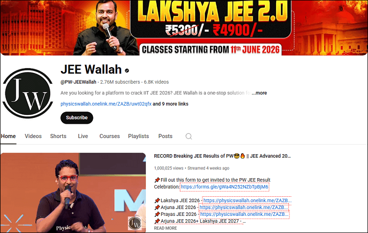 The homepage of the JEE Wallah channel on YouTube