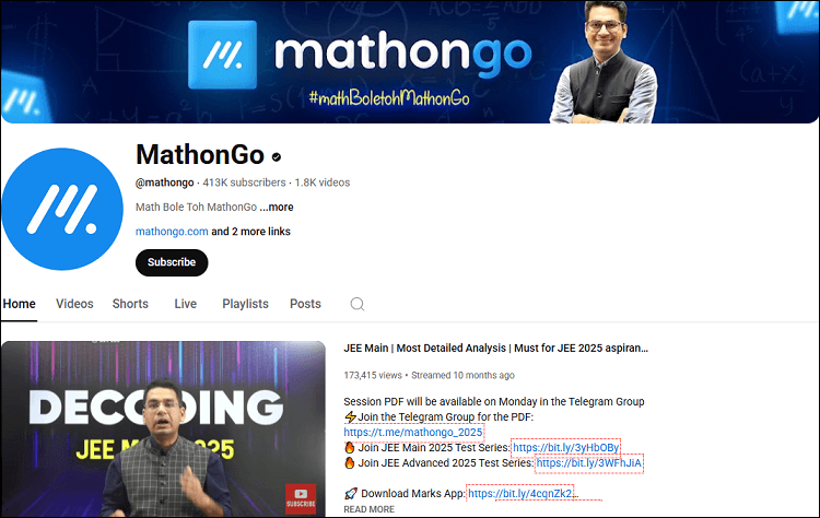 The homepage of the MathonGo channel on YouTube