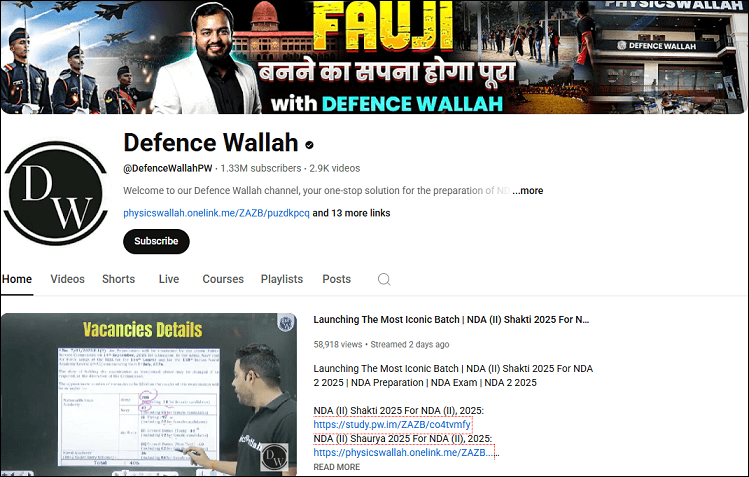 The channel homepage of Defence Wallah on YouTube