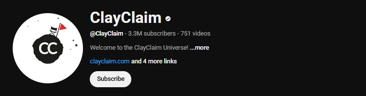 The YouTube channel homepage of ClayClaim