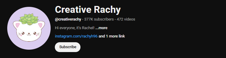 The YouTube channel homepage of Creative Rachy