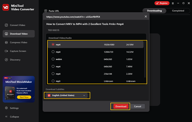 Choose a video format and resolution, decide whether to download subtitles, and click on Download to start downloading the YouTube video in MiniTool Video Converter