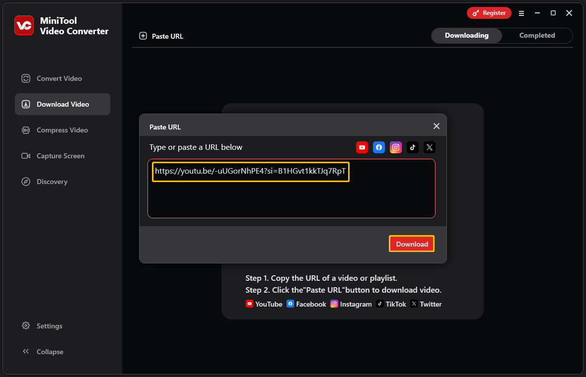 Paste video URL into the given box and click Download in MiniTool Video Converter