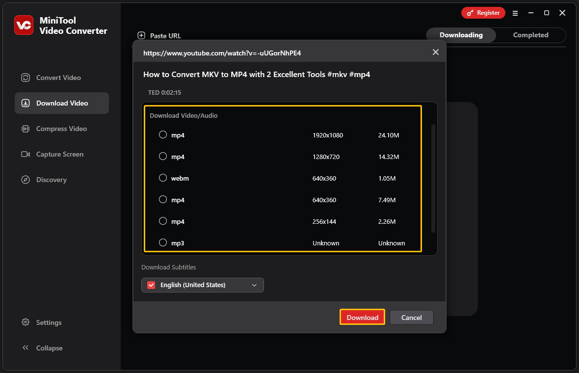 Choose the output format and click on Download in MiniTool Video Converter