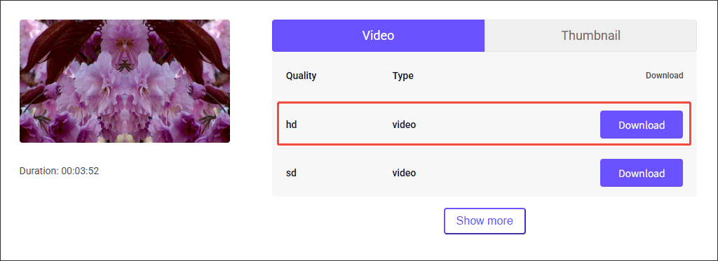 viddown.netで希望な動画品質を選択する