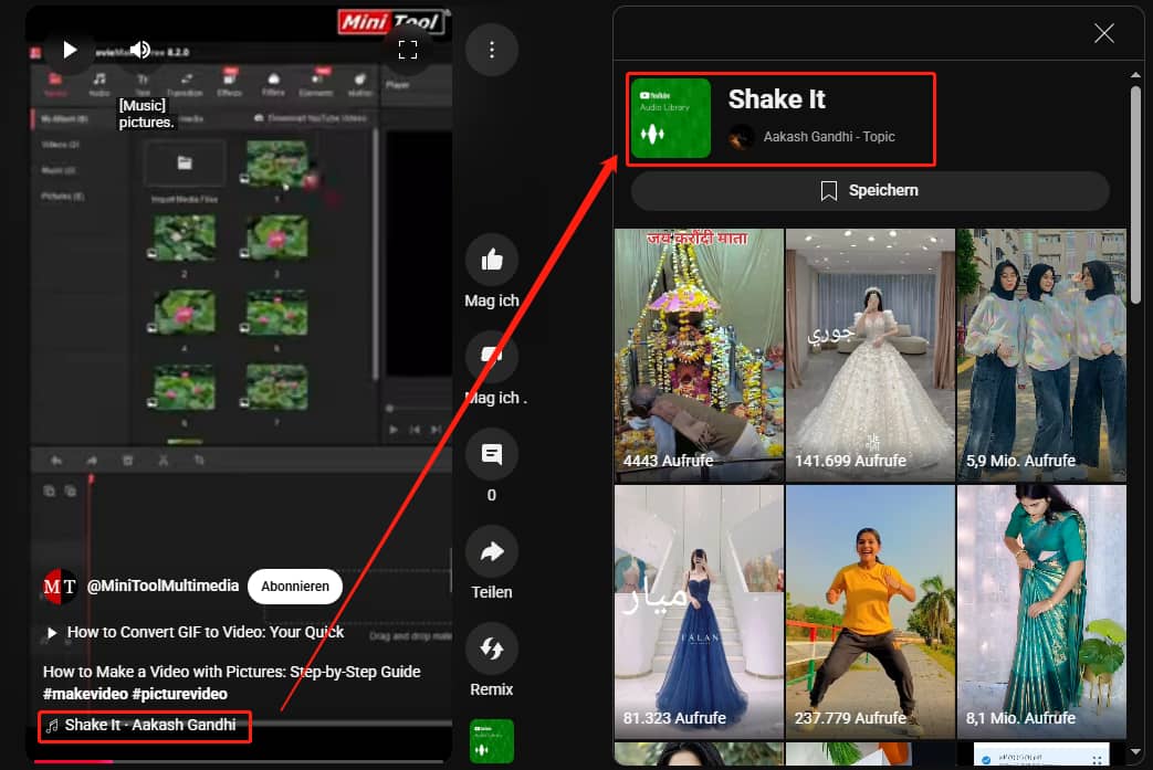 Klicken Sie auf den Namen der Hintergrundmusik am unteren Rand des Shorts