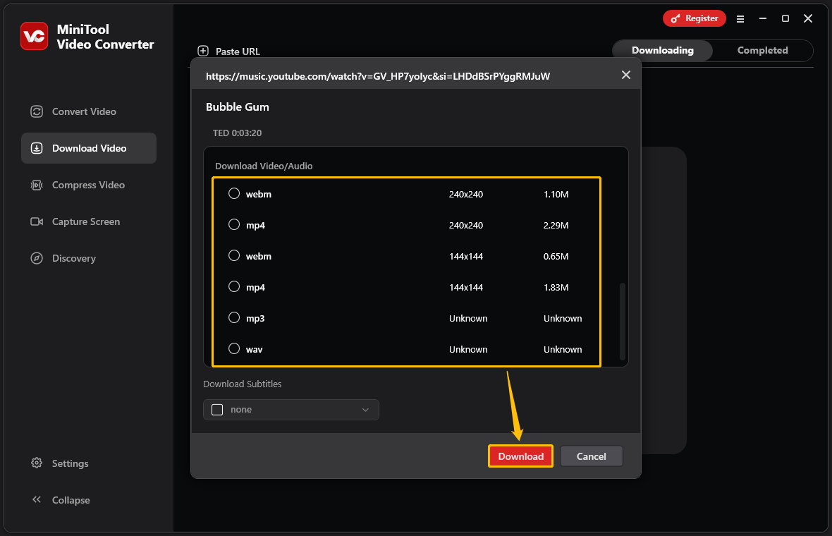 Choose the output format and click Download in MiniTool Video Converter