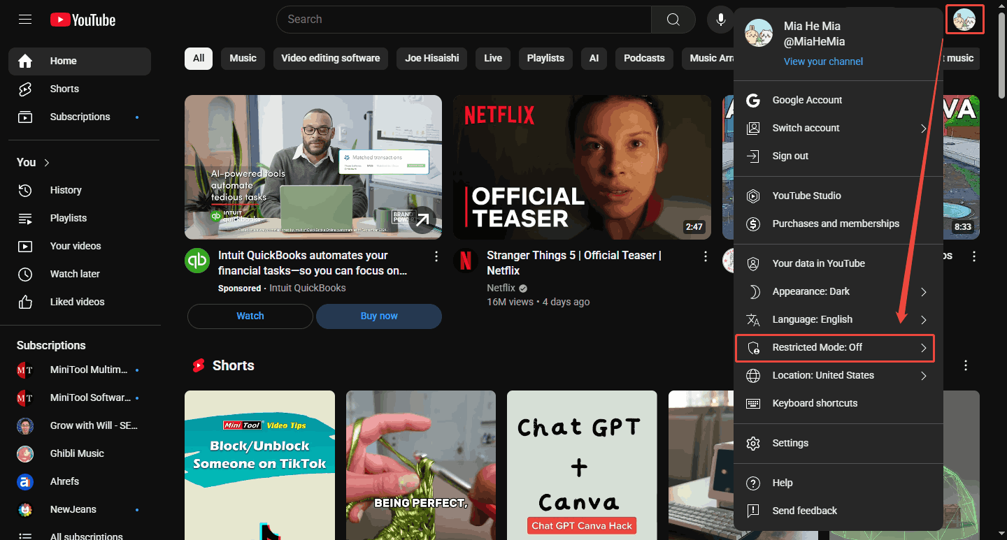 Click profile and select Restricted Mode on the YouTube website