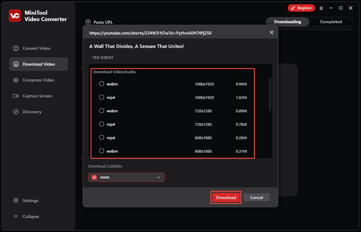 Choose the output format and click Download in MiniTool Video Converter