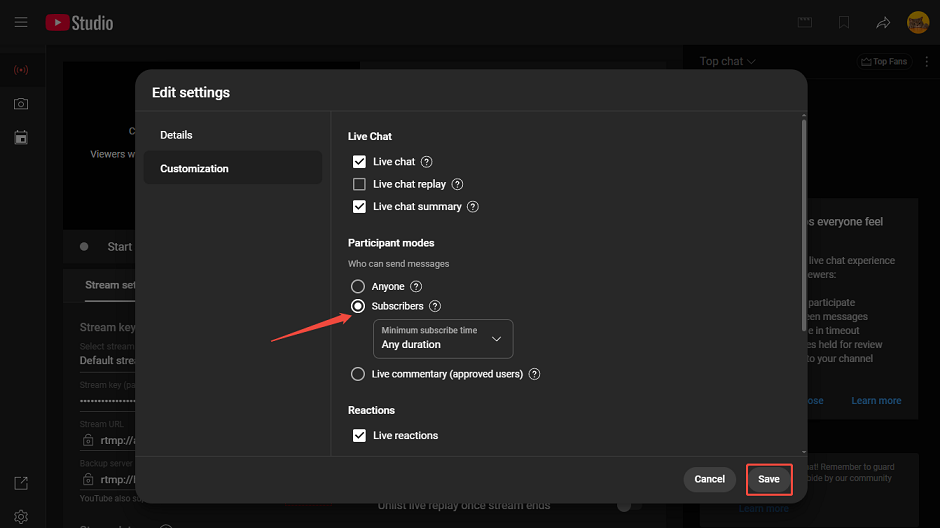 Select Subscribers under Participant modes to turn on subscriber-only live chat