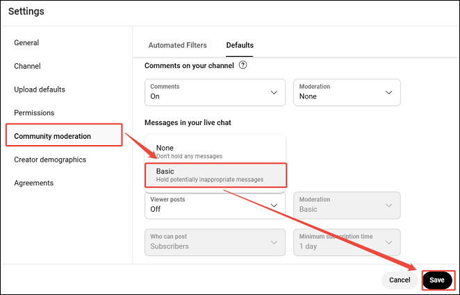 Hold potentially inappropriate live chat messages for review in YouTube Studio