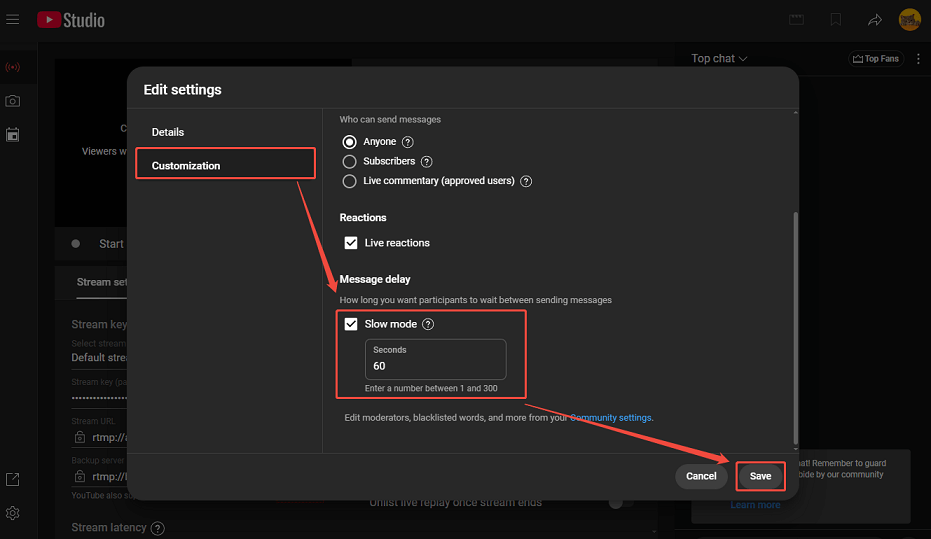Check Slow mode under Message delay, enter the number, and click Save in YouTube Studio