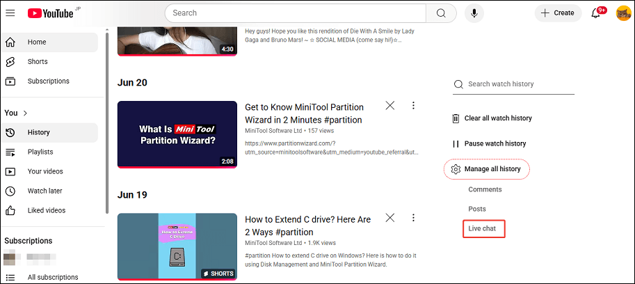Click on Live chat to view all your live chat messages on YouTube History