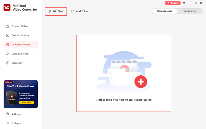 Click the Add Files button or the Add or drag files here to start compression area to import video to MiniTool Video Converter