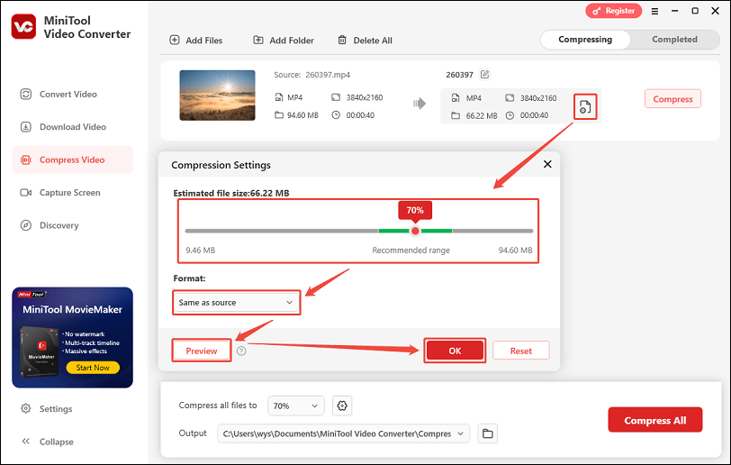 Click the settings icon, drag the slider, expand the Format menu, click on Preview, and click OK in MiniTool Video Converter