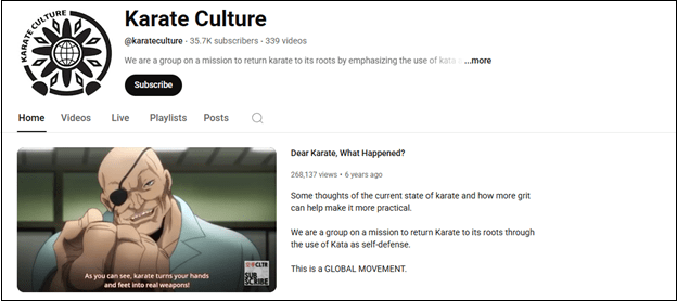 The YouTube interface of Karate Culture