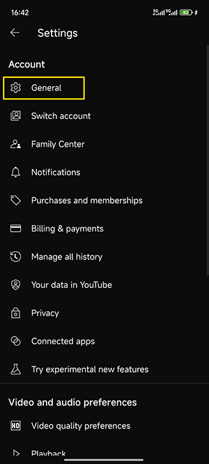 Tap the General option in the YouTube app’s Settings