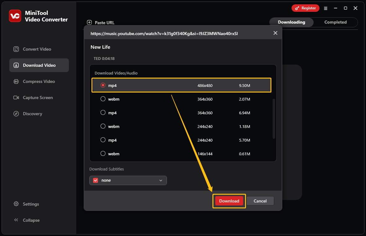 Select the output format and click on Download in MiniTool Video Converter