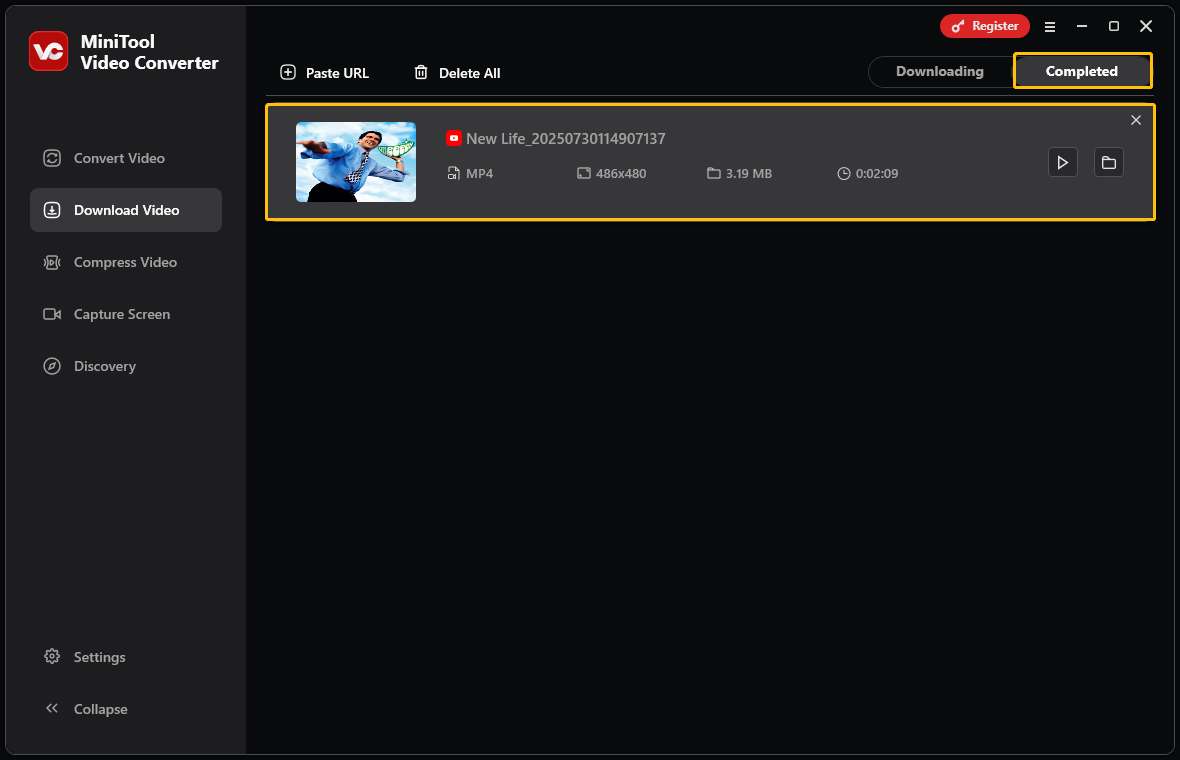 Find the completed download tasks under the Completed tab in MiniTool Video Converter