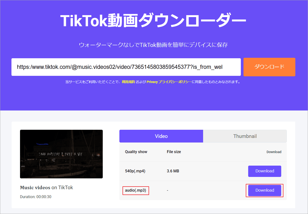 Online Video Downloader(viddown.net/ja)でダウンロードするオプションを選んで「Download」をクリック