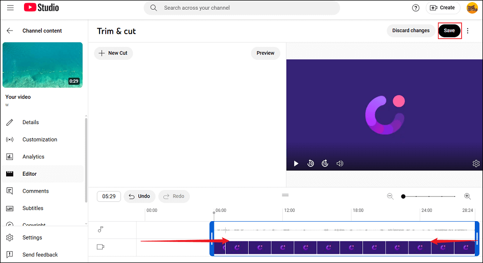 Drag the left and right bars to adjust where the video begins and ends, and click on Save to save the live stream