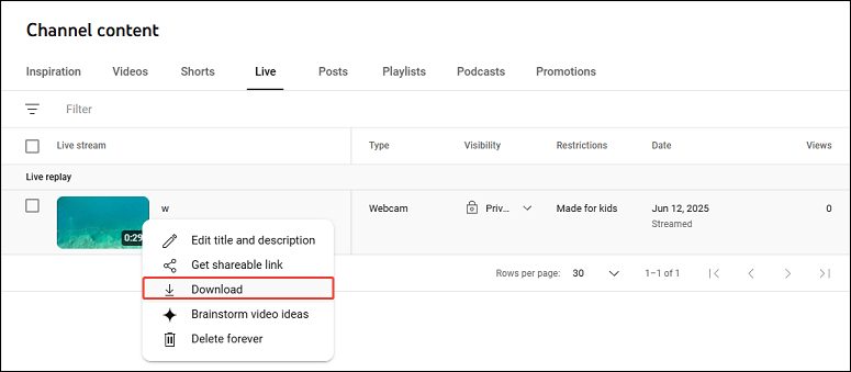 Choose Download from the menu to download the live stream video to your computer