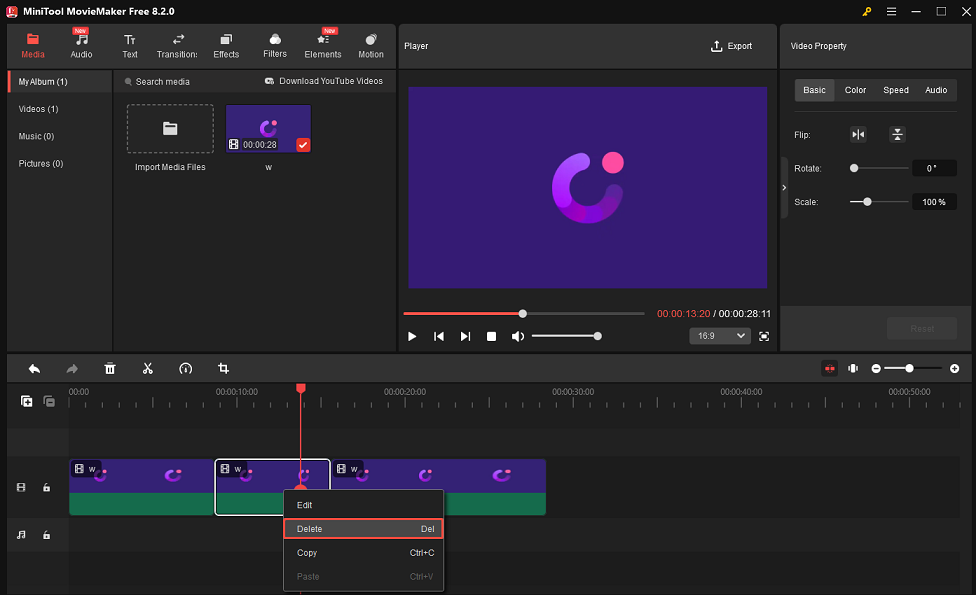 Select the unwanted part and click on Delete to delete it in MiniTool MovieMaker