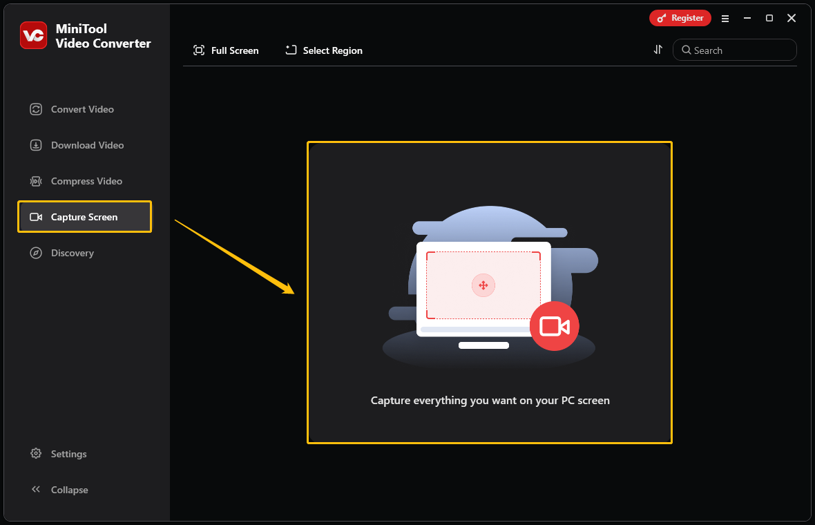 Choose Capture Screen and click Capture everything you want on your PC screen in MiniTool Video Converter