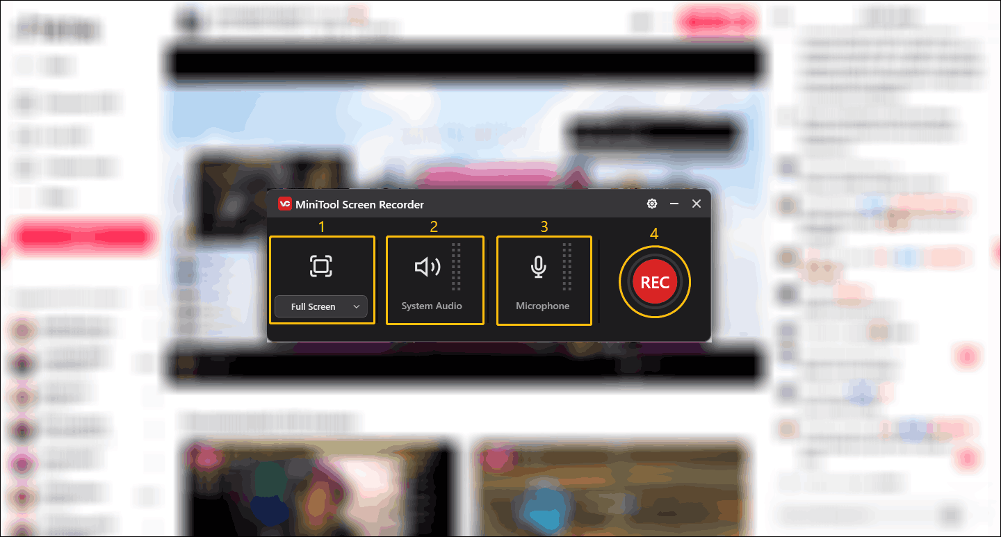 In the MiniTool Screen Recorder window, set the recording area and audio, and click REC to start recording