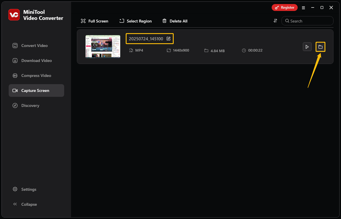 In MiniTool Video Converter, rename the recorded video and click the folder icon to navigate to the file location