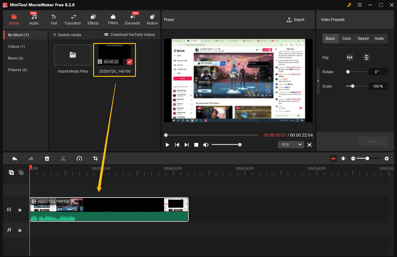 Drag and drop the video into the video track in MiniTool MovieMaker