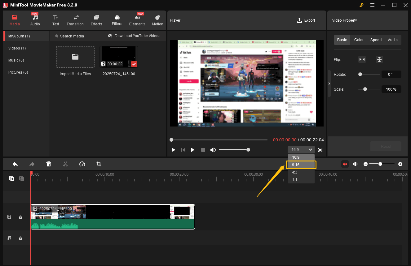 Set the video’s aspect ratio at the lower-right corner of MiniTool MovieMaker’s Player section