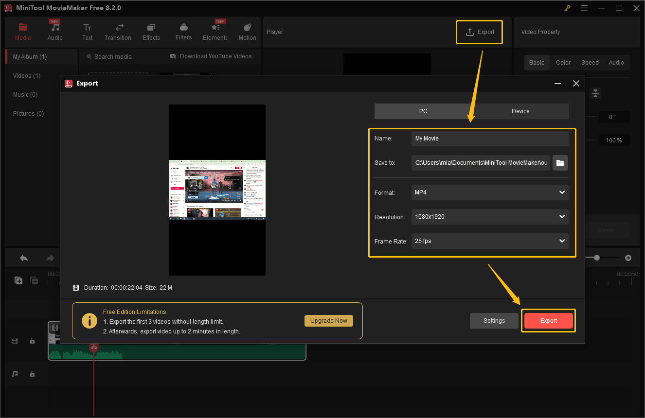 In MiniTool MovieMaker, click Export and set the video’s name, save location, export format, resolution, and frame rate, and then click the Export button