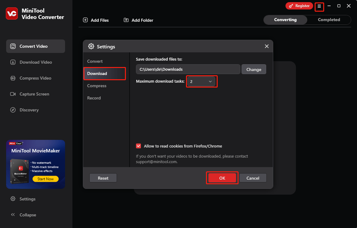 Wechseln Sie dann zur Registerkarte Download und passen Sie die maximalen Download-Aufgaben an.
