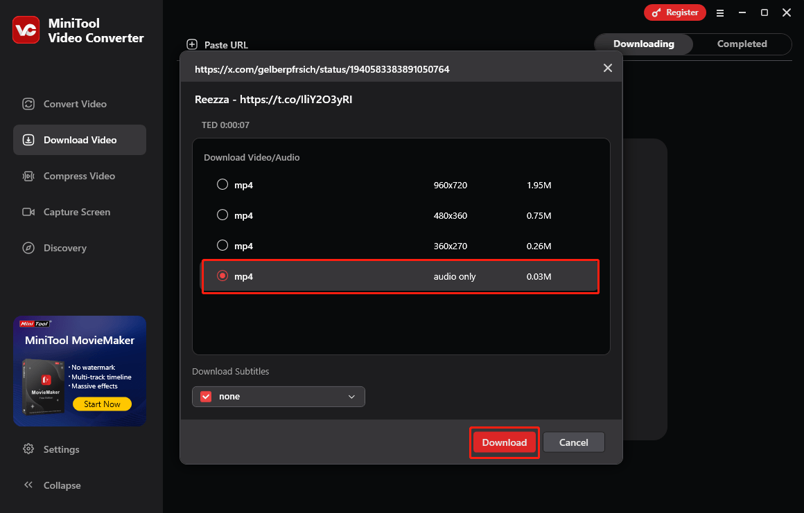 Wählen Sie mp4 audio only als Ausgabeformat aus und klicken Sie anschließend auf Herunterladen