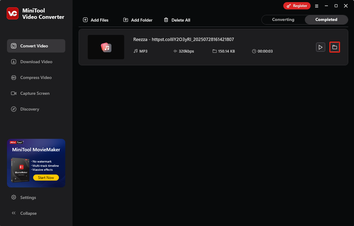 Nach der Konvertierung wechselt MiniTool Video Converter automatisch zur Registerkarte Konvertiert. Klicken Sie auf das Symbol Ordner, um die konvertierte Datei zu öffnen und zu überprüfen.