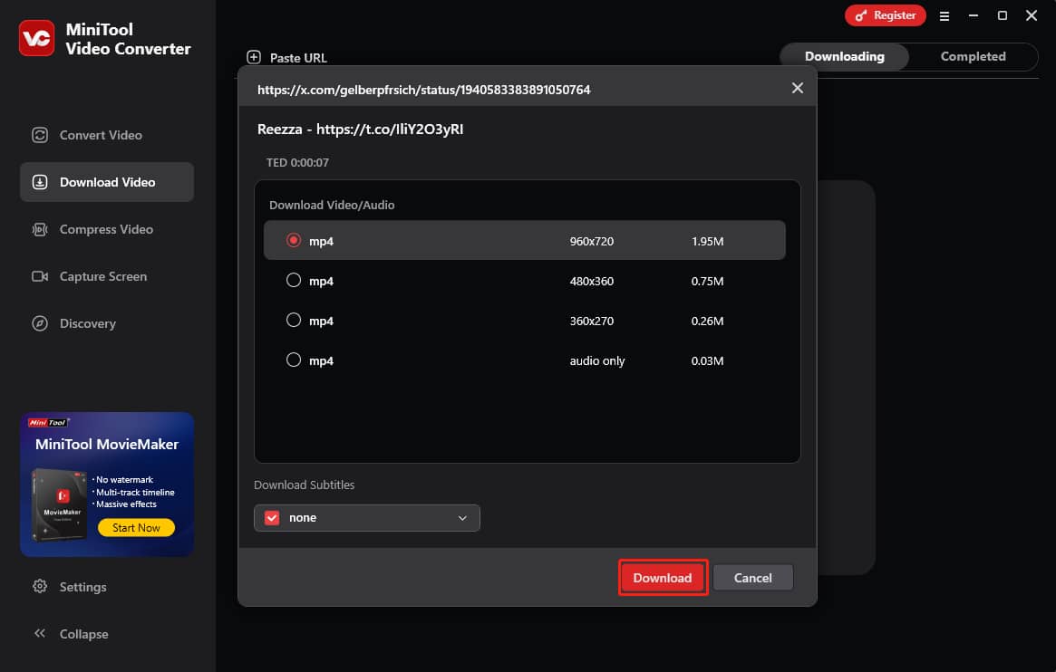 Wählen Sie das Ausgabeformat und klicken Sie auf Herunterladen in MiniTool Video Converter.