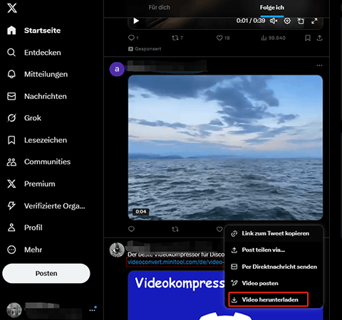 Klicken Sie auf die Option Video herunterladen, um das Twitter-Video mit einem Premium-Abonnement zu speichern.