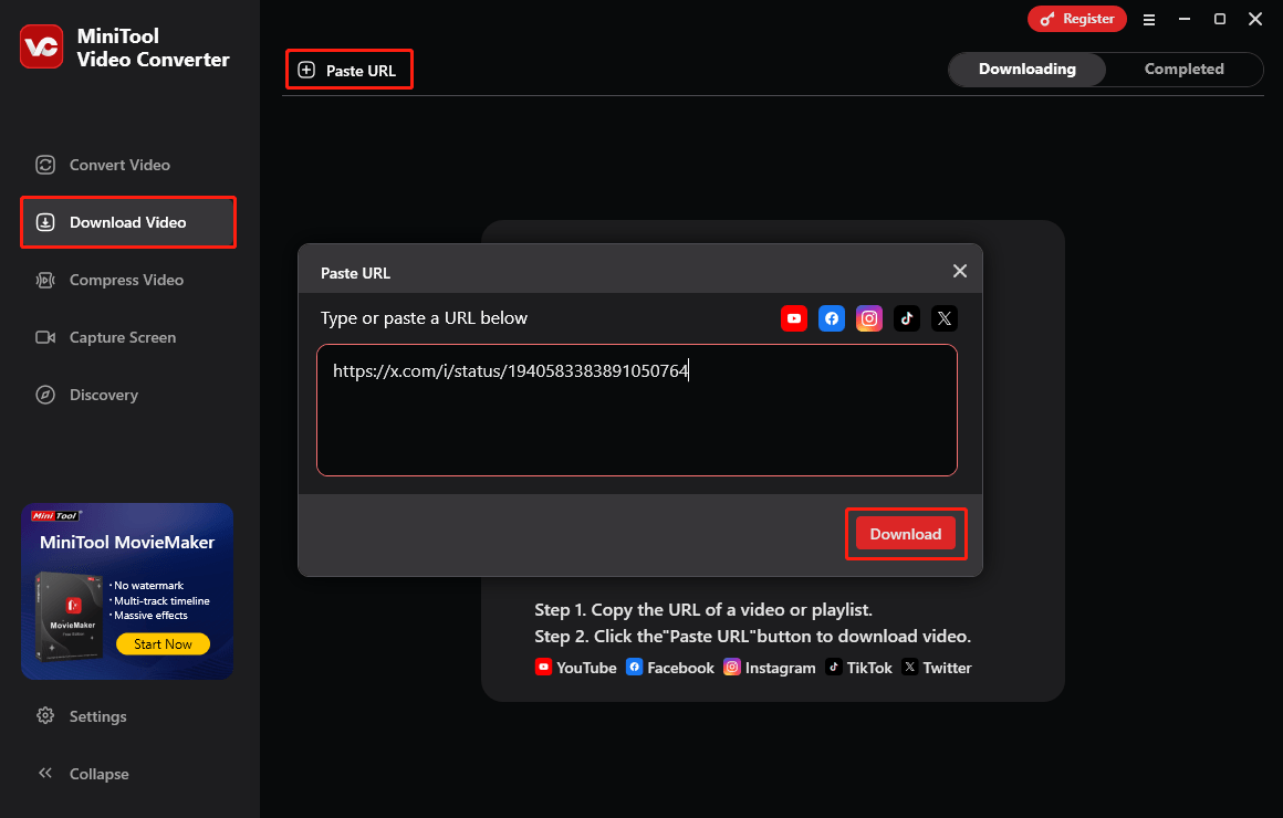 Klicken Sie auf Video herunterladen, dann auf URL einfügen und auf Herunterladen, um den Videolink im MiniTool Video Converter zu analysieren.