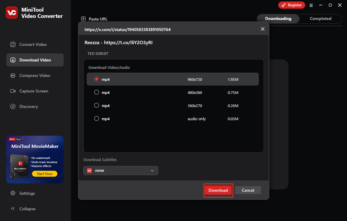 Klicken Sie auf Herunterladen, um die Twitter-Link-Download-Aufgabe im MiniTool Video Converter zu starten.