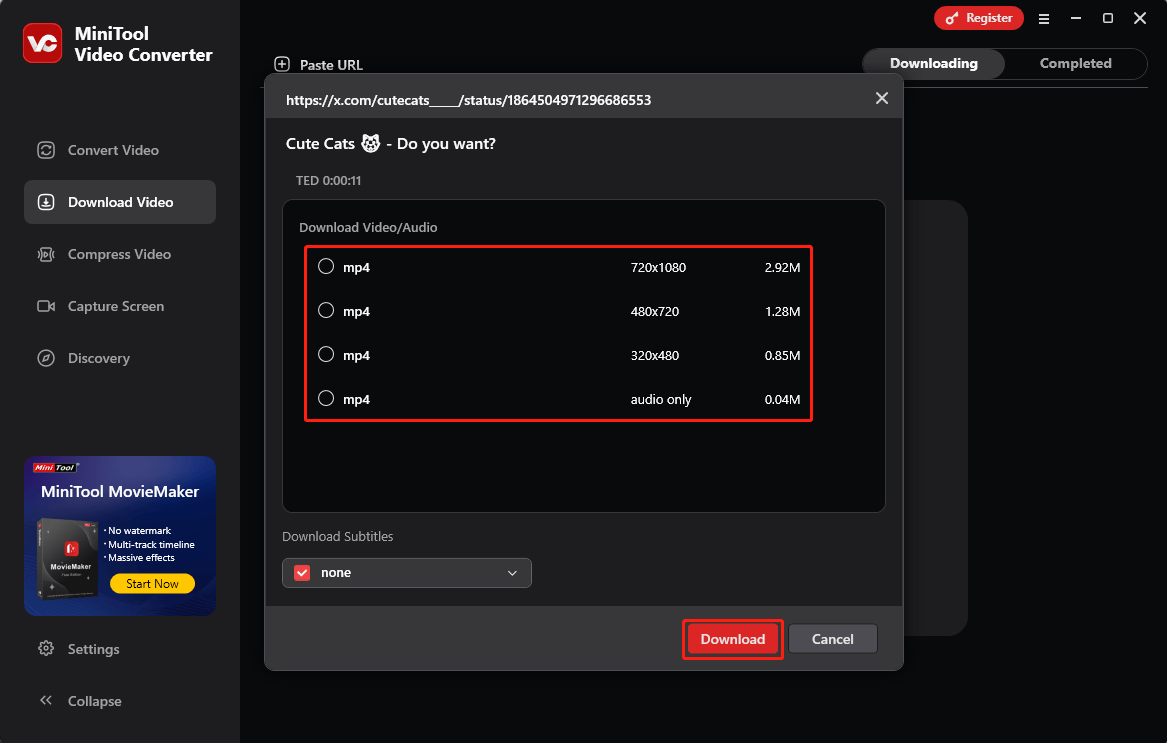 Wählen Sie das Download-Format und die Qualität, und klicken Sie auf Herunterladen, um mit dem Download des Twitter-Videos im MiniTool Video Converter zu beginnen.