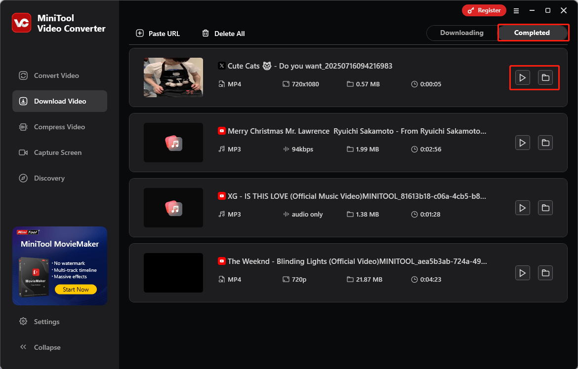 Klicken Sie auf das Wiedergabe-Symbol, um das Video abzuspielen, oder auf das Ordner-Symbol, um das Twitter-Video unter dem Reiter Fertiggestellt im MiniTool Video Converter zu finden.