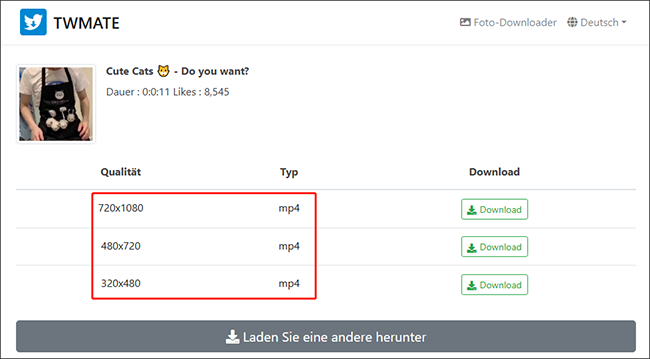 Wählen Sie eine Videoqualität und klicken Sie auf Download, um das Twitter-Video mit TWMate herunterzuladen