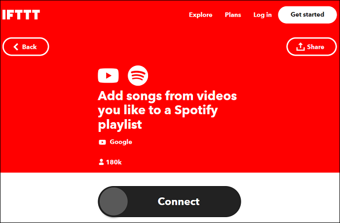 The Add songs from videos you like to a Spotify playlist applet on IFTTT