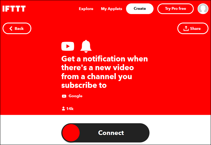 The Get a notification when there's a new video from a channel you subscribe to applet on IFTTT