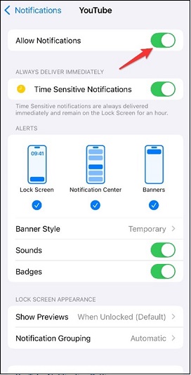 Turn off Allow Notifications on iPhone