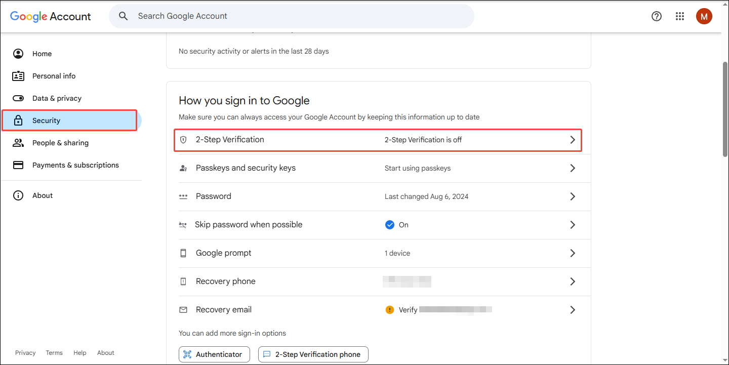 Choose the 2-Step Verification option under Google Account’s Security tab