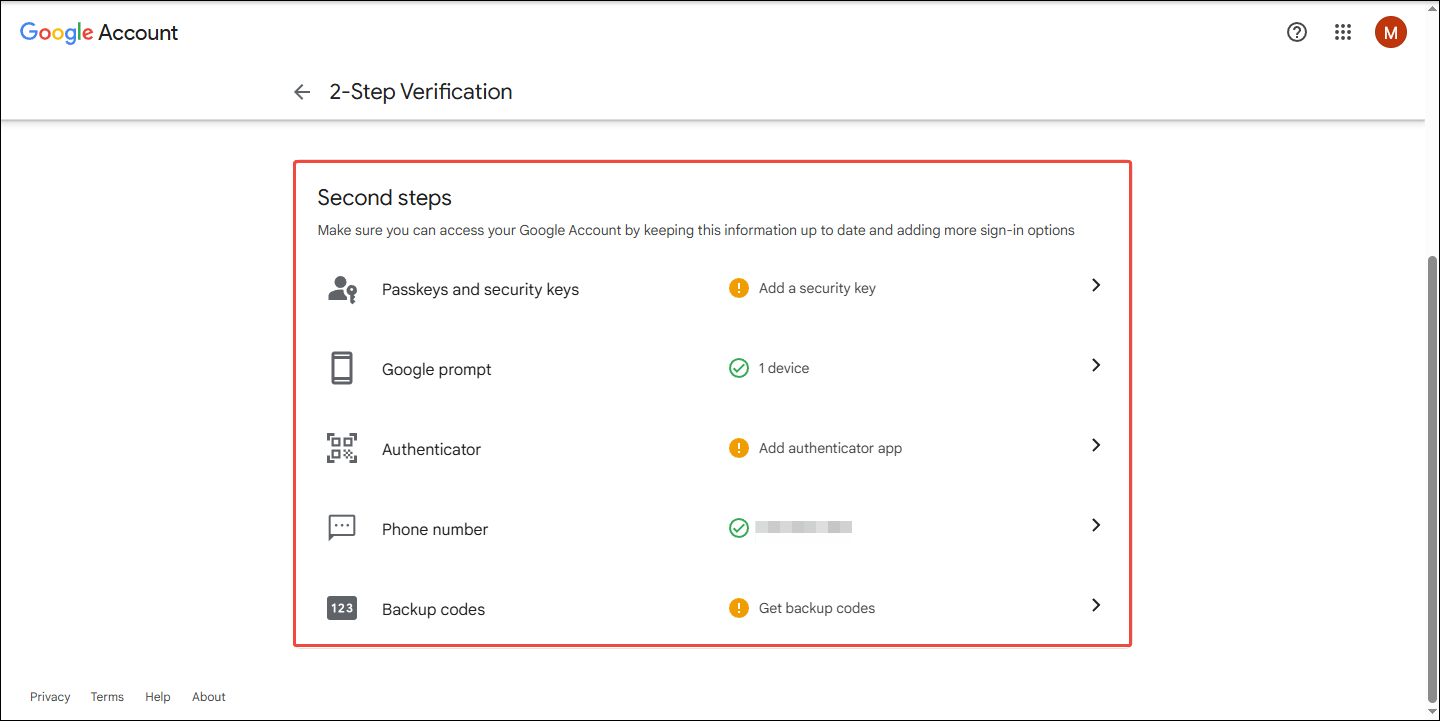 Set up second-step verification methods on Google Account