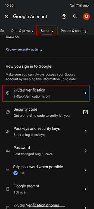 Tap 2-Step Verification option on Google Account
