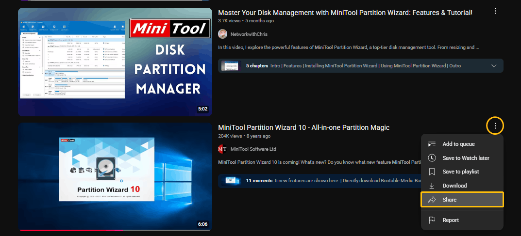 Click the three-dot icon of the video and choose Share on YouTube’s search results